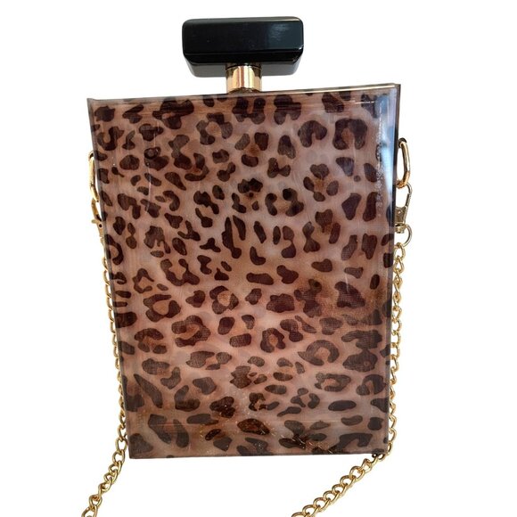 Paris Leopard Purse Brown Acrylic Bag Clutch Chain Shoulder Strap Eau De Parfum - Picture 5 of 10